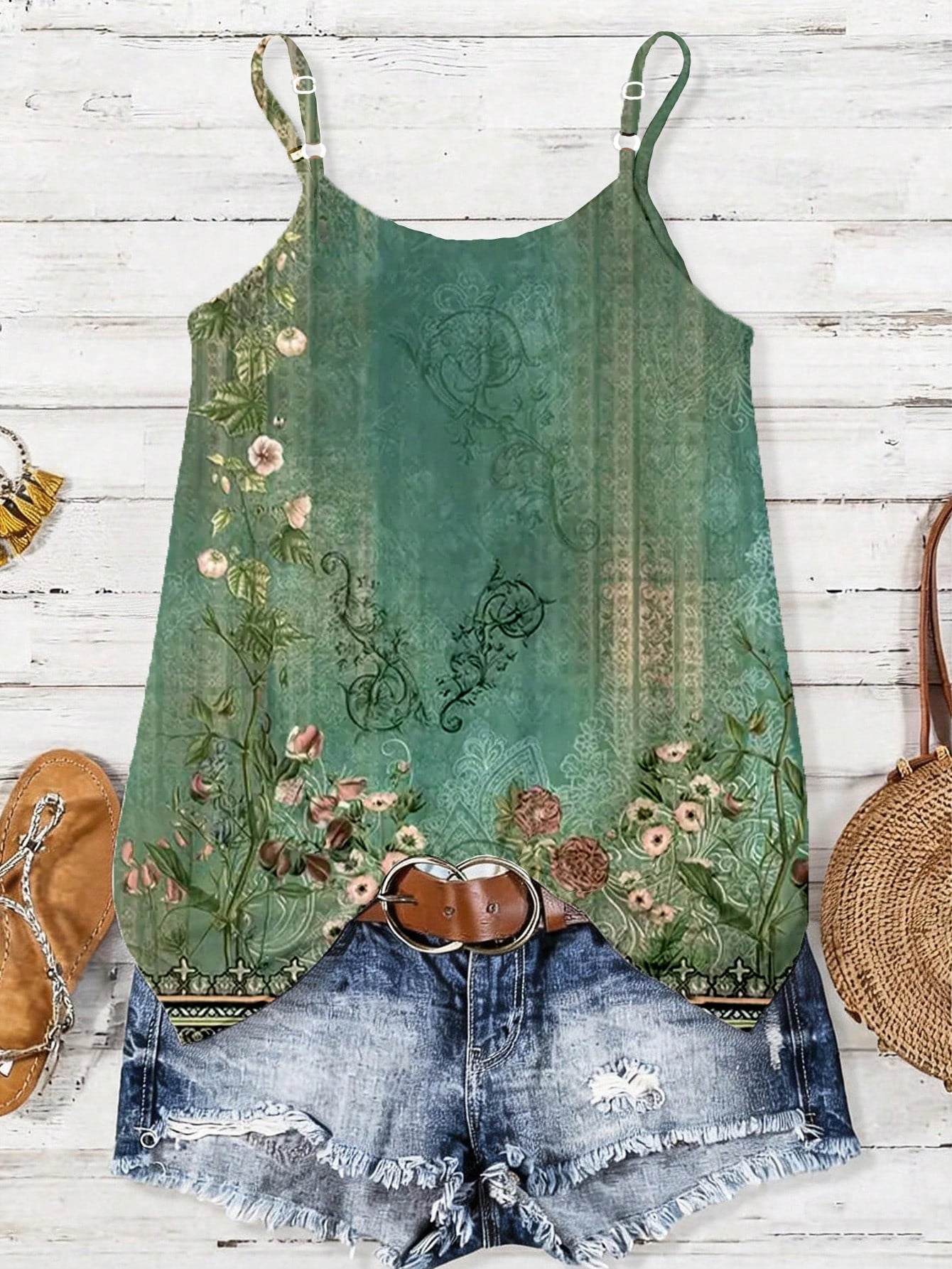 EMERY ROSE Women's Clothing Featuring Elegant Patterns. The Design Incorporates Pink Floral Motifs, Which Are Applied To A Summer-Style Vest-Style T-Shirt.