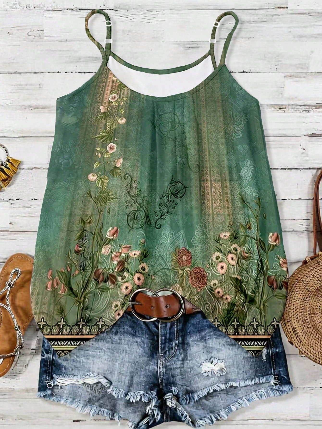 EMERY ROSE Women's Clothing Featuring Elegant Patterns. The Design Incorporates Pink Floral Motifs, Which Are Applied To A Summer-Style Vest-Style T-Shirt.