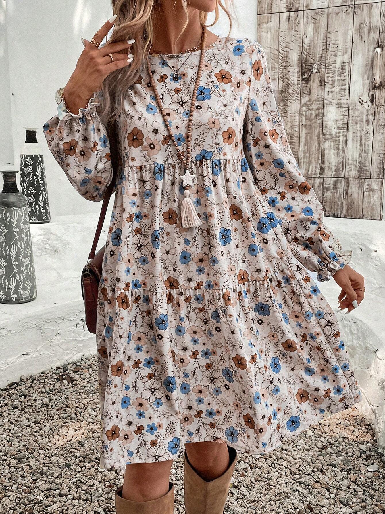 EMERY ROSE Women's Floral Print Crew Neck Ruffle Hem & Sleeve Loose Vacation Dress