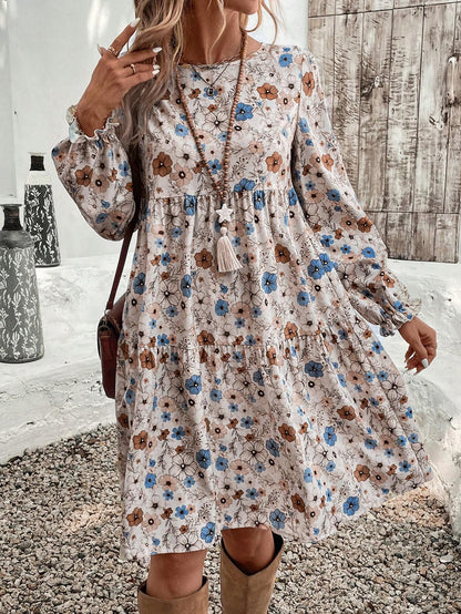 EMERY ROSE Women's Floral Print Crew Neck Ruffle Hem & Sleeve Loose Vacation Dress