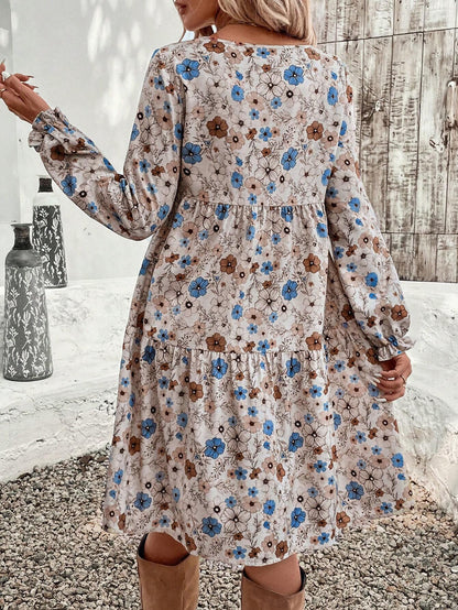 EMERY ROSE Women's Floral Print Crew Neck Ruffle Hem & Sleeve Loose Vacation Dress