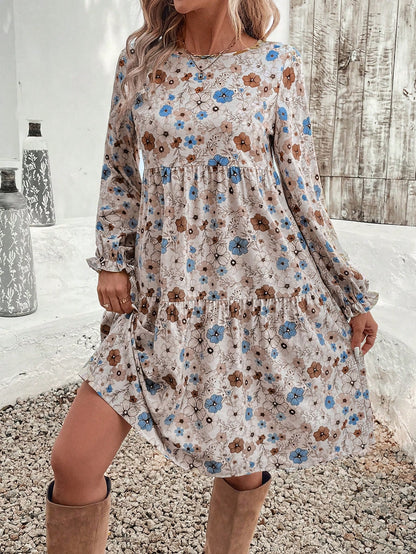 EMERY ROSE Women's Floral Print Crew Neck Ruffle Hem & Sleeve Loose Vacation Dress