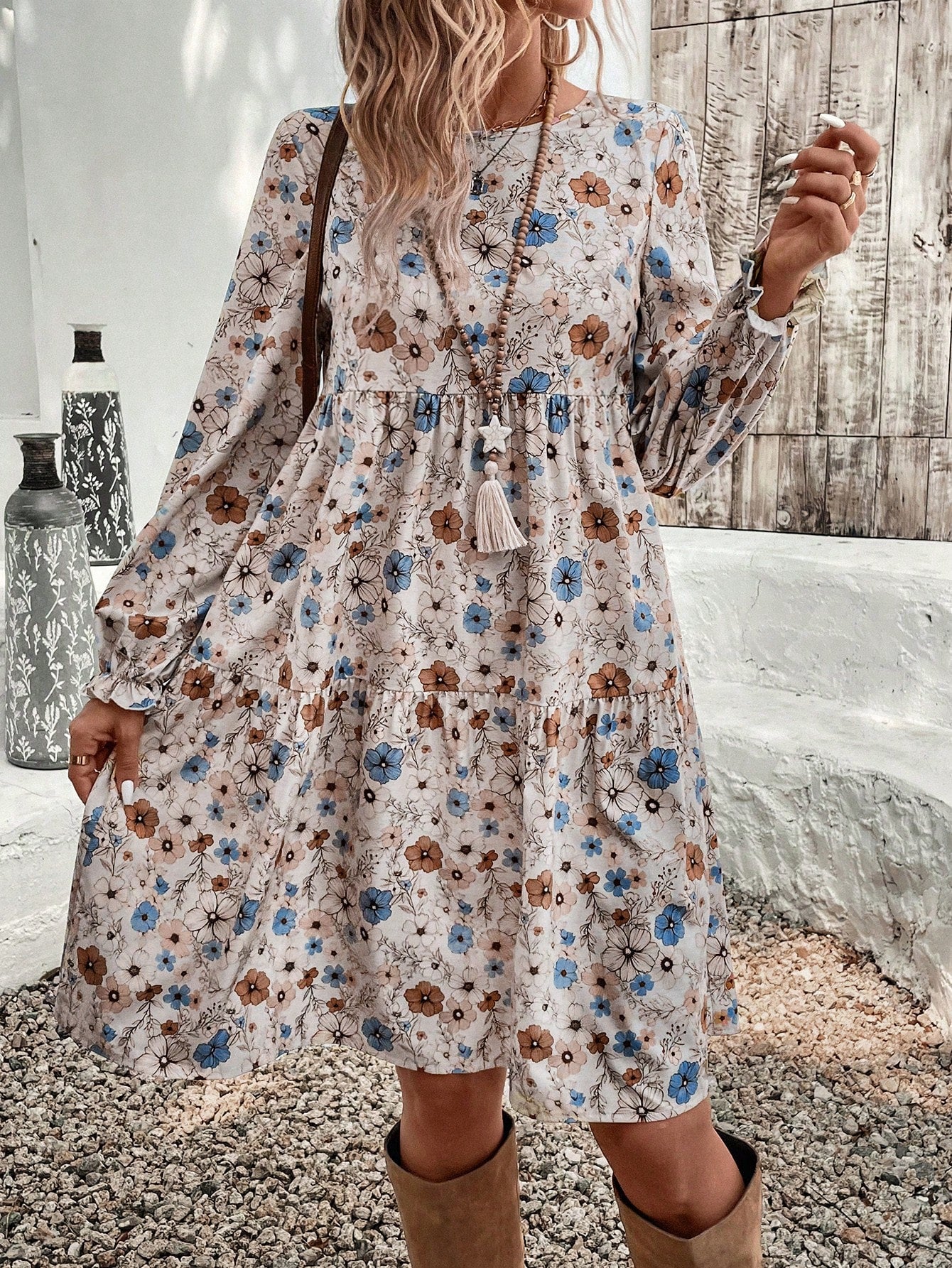 EMERY ROSE Women's Floral Print Crew Neck Ruffle Hem & Sleeve Loose Vacation Dress