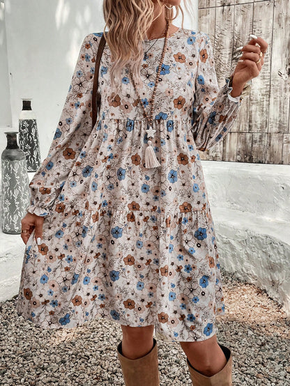 EMERY ROSE Women's Floral Print Crew Neck Ruffle Hem & Sleeve Loose Vacation Dress