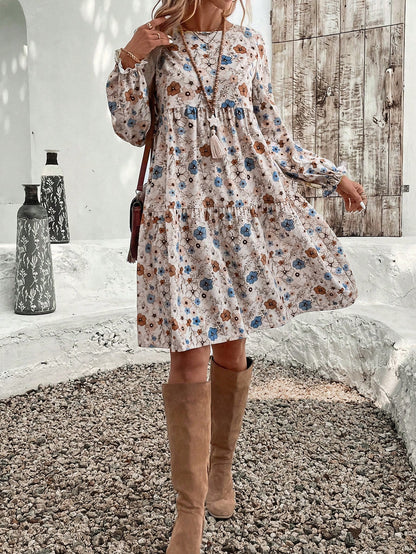 EMERY ROSE Women's Floral Print Crew Neck Ruffle Hem & Sleeve Loose Vacation Dress