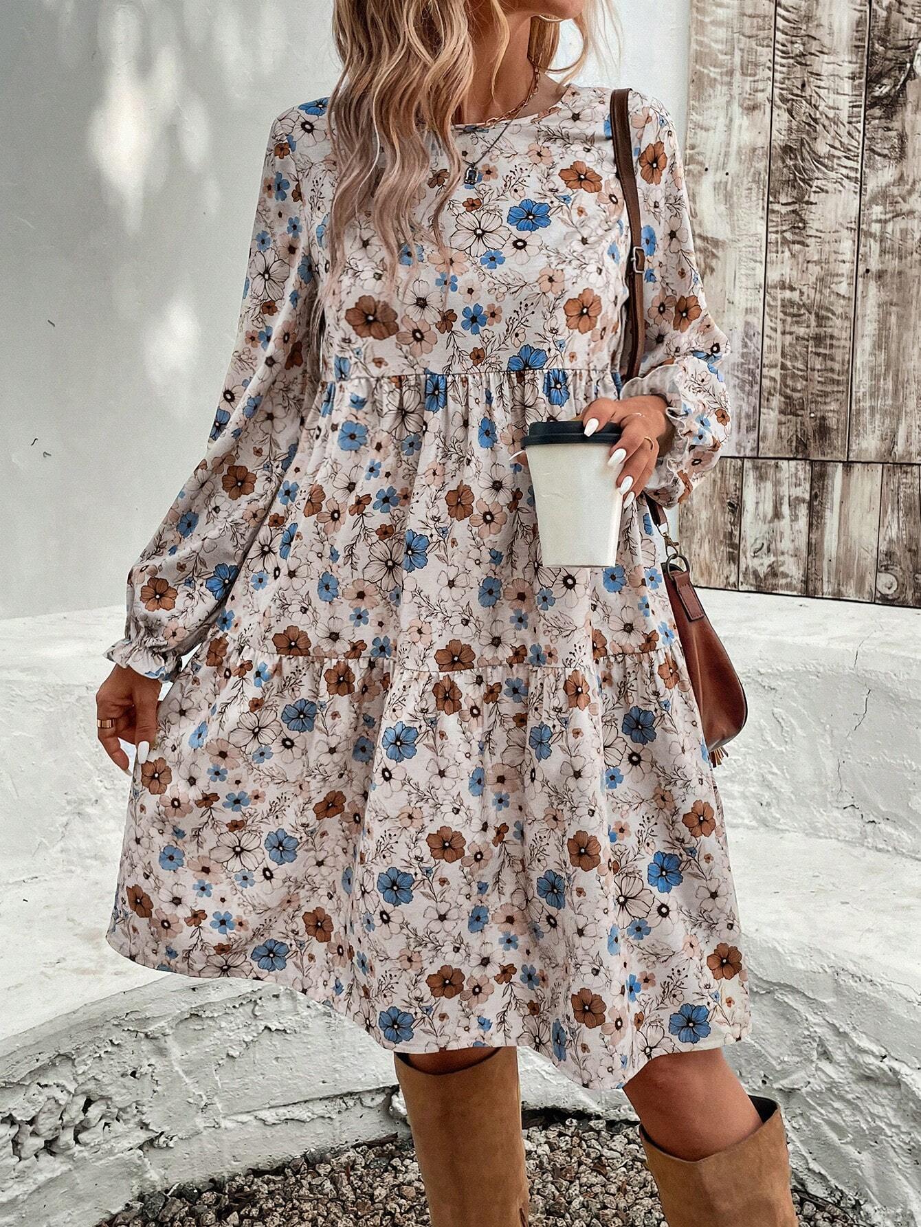 EMERY ROSE Women's Floral Print Crew Neck Ruffle Hem & Sleeve Loose Vacation Dress