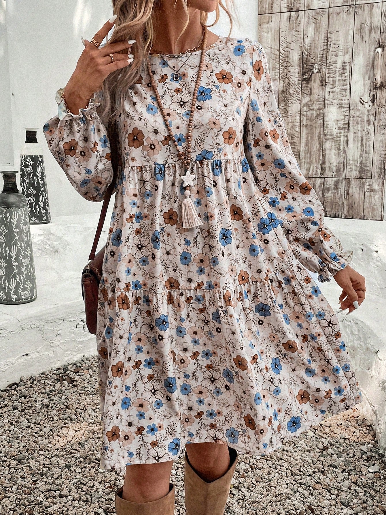 EMERY ROSE Women's Floral Print Crew Neck Ruffle Hem & Sleeve Loose Vacation Dress