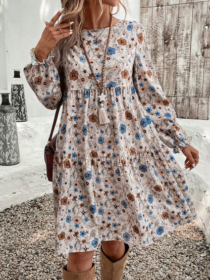 EMERY ROSE Women's Floral Print Crew Neck Ruffle Hem & Sleeve Loose Vacation Dress