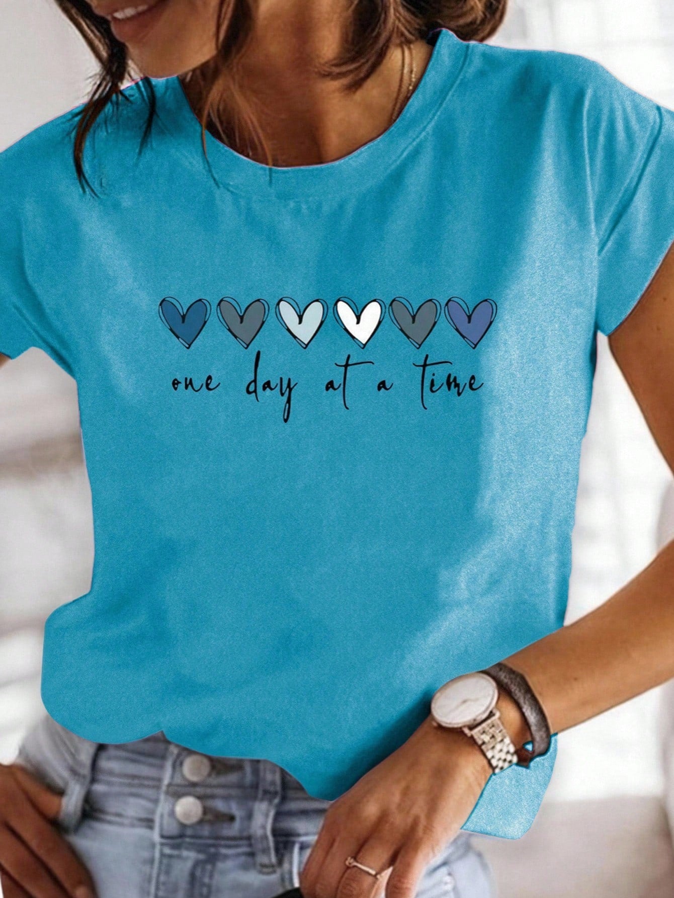 EMERY ROSE Women's Light Blue Summer Casual Short-Sleeve T-Shirt,One Day At A Time Heart Print,Soft Polyester Round Neck,Smart Casual Vacation Fashion Essential