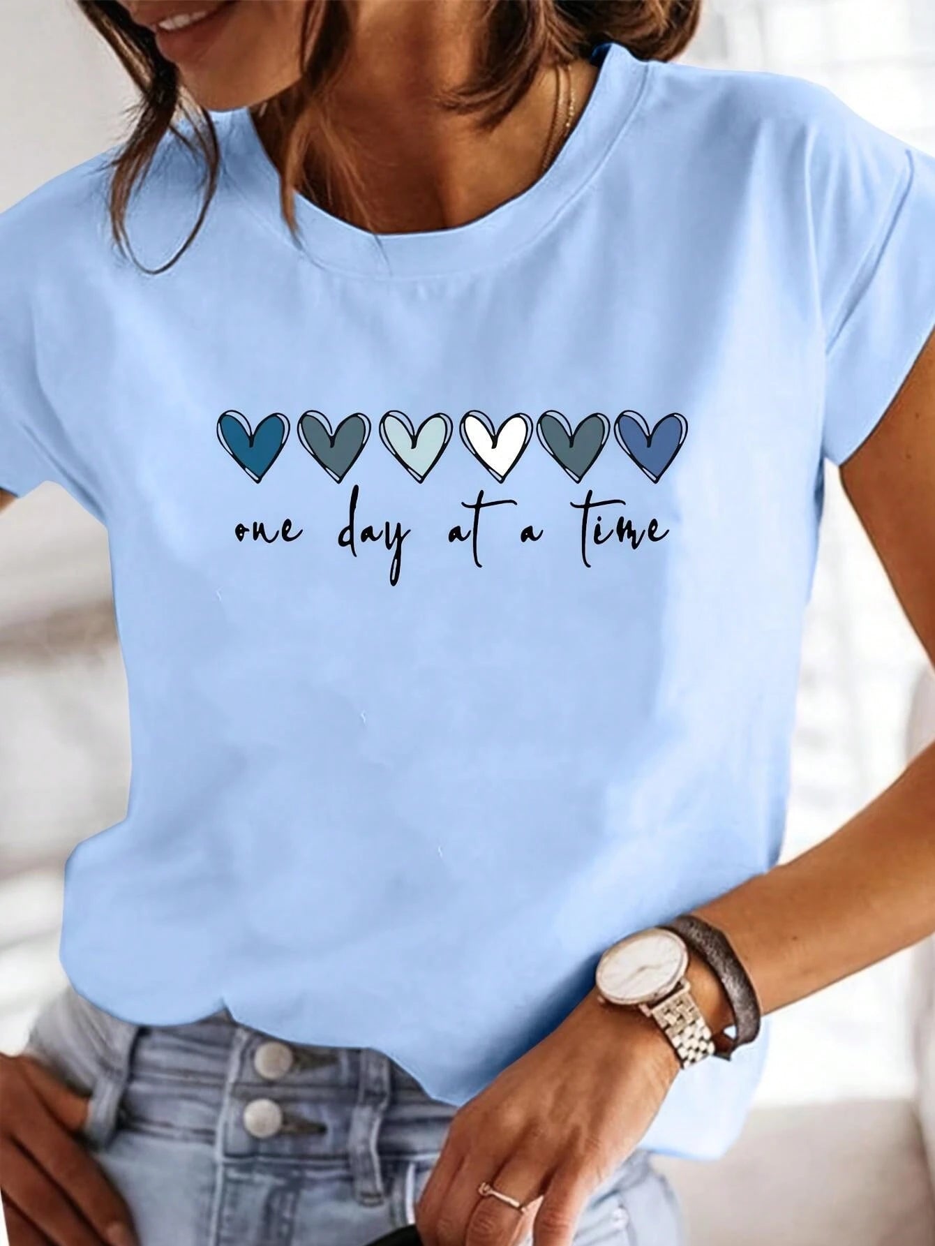 EMERY ROSE Women's Light Blue Summer Casual Short-Sleeve T-Shirt,One Day At A Time Heart Print,Soft Polyester Round Neck,Smart Casual Vacation Fashion Essential