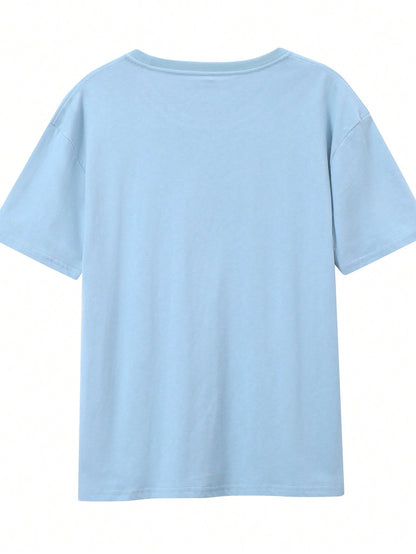 EMERY ROSE Women's Light Blue Summer Casual Short-Sleeve T-Shirt,One Day At A Time Heart Print,Soft Polyester Round Neck,Smart Casual Vacation Fashion Essential