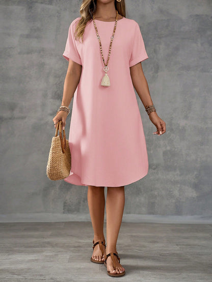 EMERY ROSE Women's Pink Casual Dress: Short Sleeve, Loose Fit, And Elegant For Everyday Wear,Summer Dresses For Women,Pastel Dresses For Women