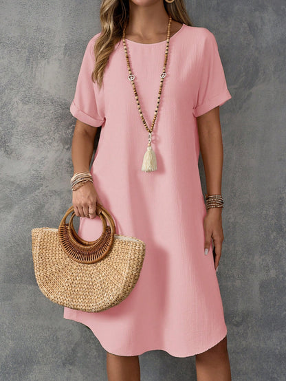 EMERY ROSE Women's Pink Casual Dress: Short Sleeve, Loose Fit, And Elegant For Everyday Wear,Summer Dresses For Women,Pastel Dresses For Women