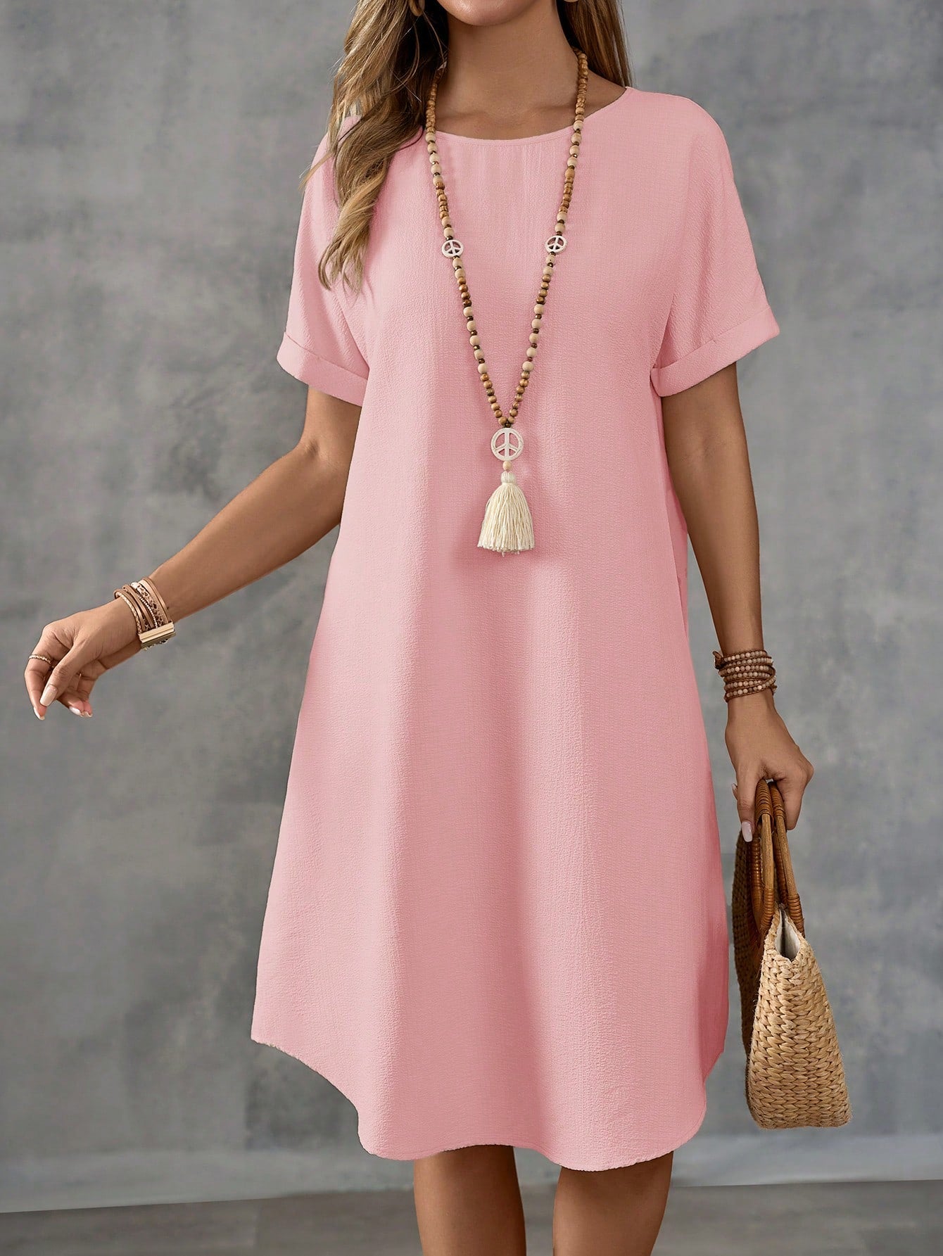 EMERY ROSE Women's Pink Casual Dress: Short Sleeve, Loose Fit, And Elegant For Everyday Wear,Summer Dresses For Women,Pastel Dresses For Women