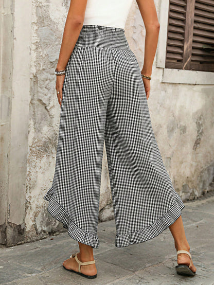 EMERY ROSE Women's Plaid Ruffle Hem Casual Versatile Daily Wear Pants Holiday Beach Black And White Checkered Summer