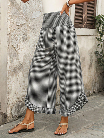 EMERY ROSE Women's Plaid Ruffle Hem Casual Versatile Daily Wear Pants Holiday Beach Black And White Checkered Summer