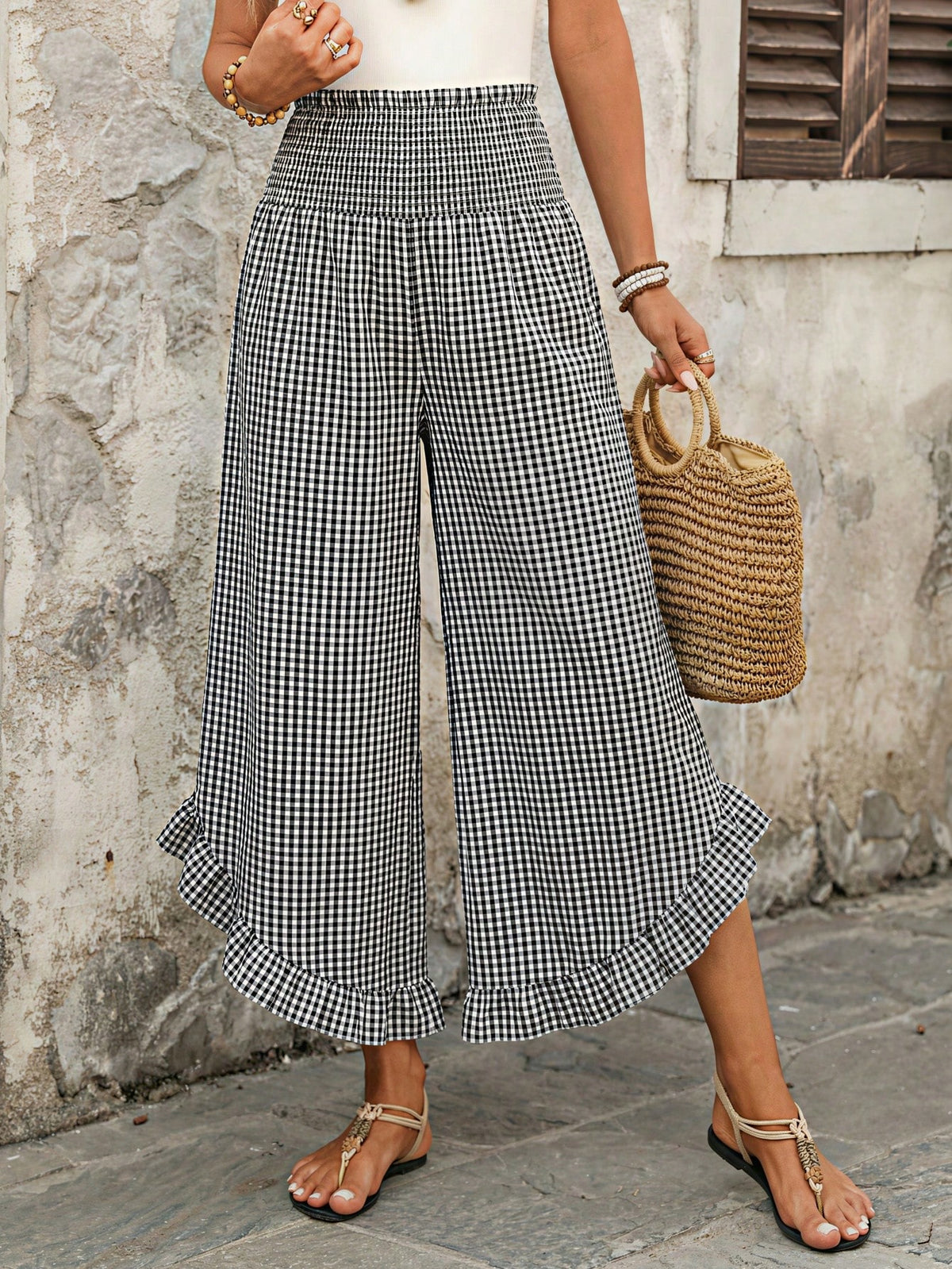 EMERY ROSE Women's Plaid Ruffle Hem Casual Versatile Daily Wear Pants Holiday Beach Black And White Checkered Summer