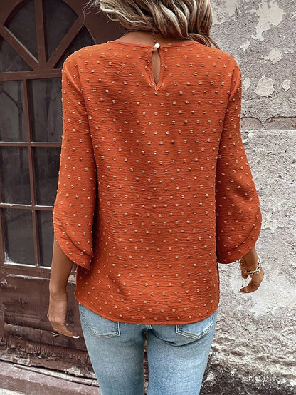 EMERY ROSE Women's Polka Dot Cutout Textured Mid Sleeve Asymmetrical Cuff Detailing Button Accent Bohemian Style Loose Round Neck Blouse