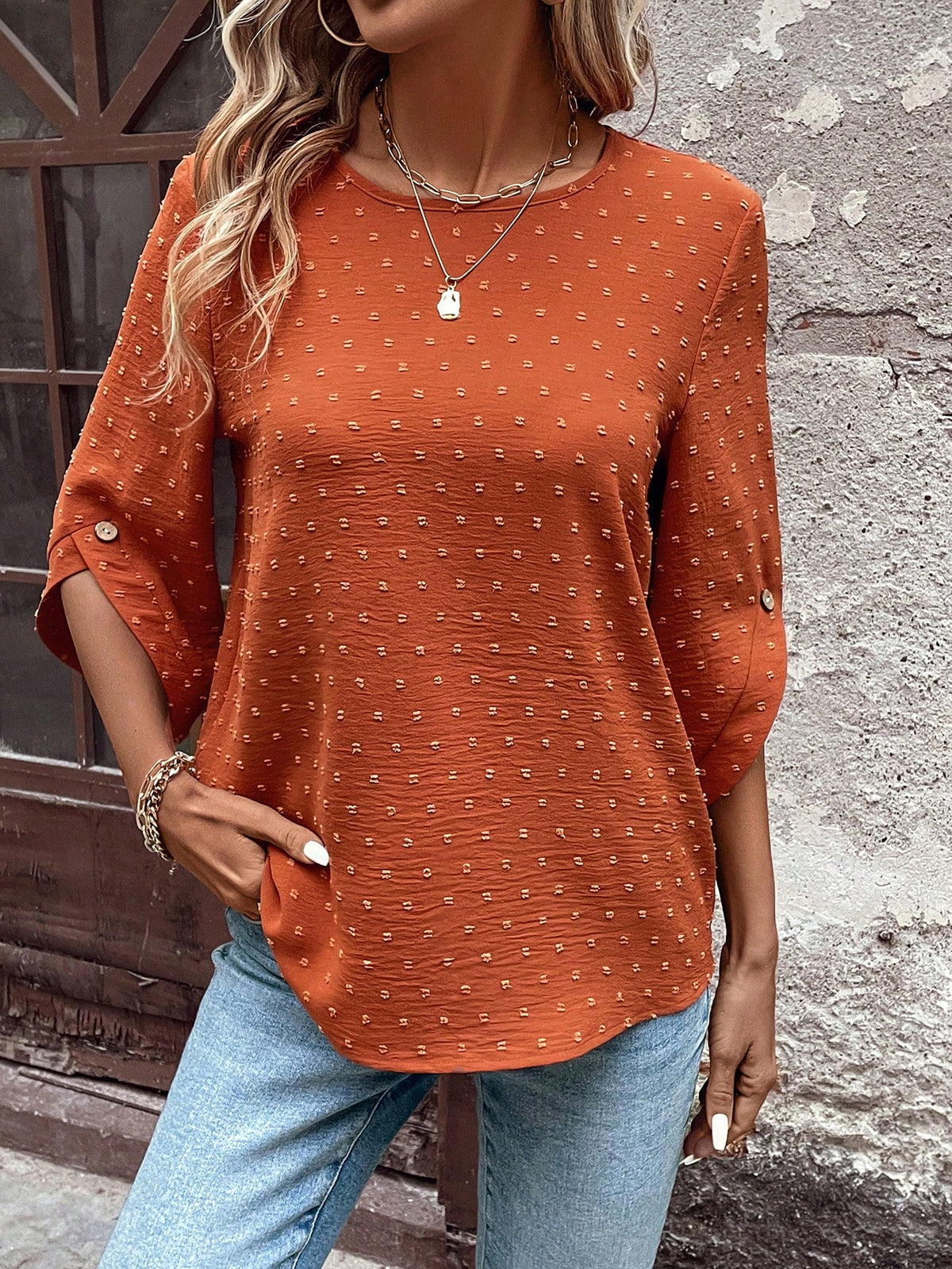 EMERY ROSE Women's Polka Dot Cutout Textured Mid Sleeve Asymmetrical Cuff Detailing Button Accent Bohemian Style Loose Round Neck Blouse