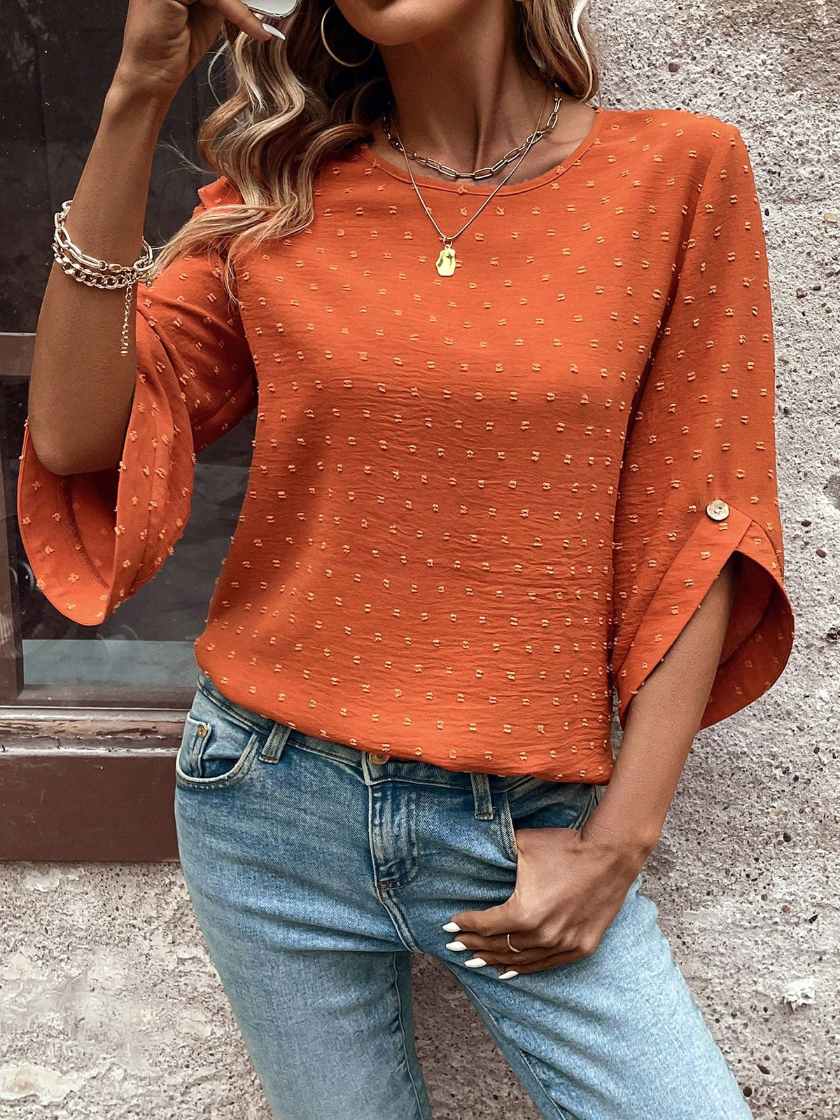 EMERY ROSE Women's Polka Dot Cutout Textured Mid Sleeve Asymmetrical Cuff Detailing Button Accent Bohemian Style Loose Round Neck Blouse