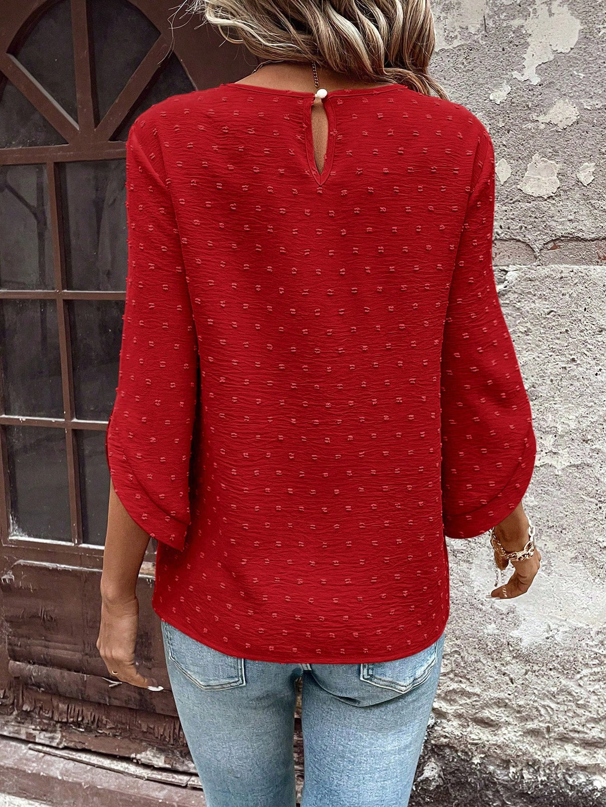 EMERY ROSE Women's Polka Dot Cutout Textured Mid Sleeve Asymmetrical Cuff Detailing Button Accent Bohemian Style Loose Round Neck Blouse