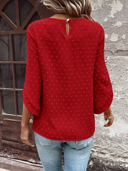 EMERY ROSE Women's Polka Dot Cutout Textured Mid Sleeve Asymmetrical Cuff Detailing Button Accent Bohemian Style Loose Round Neck Blouse