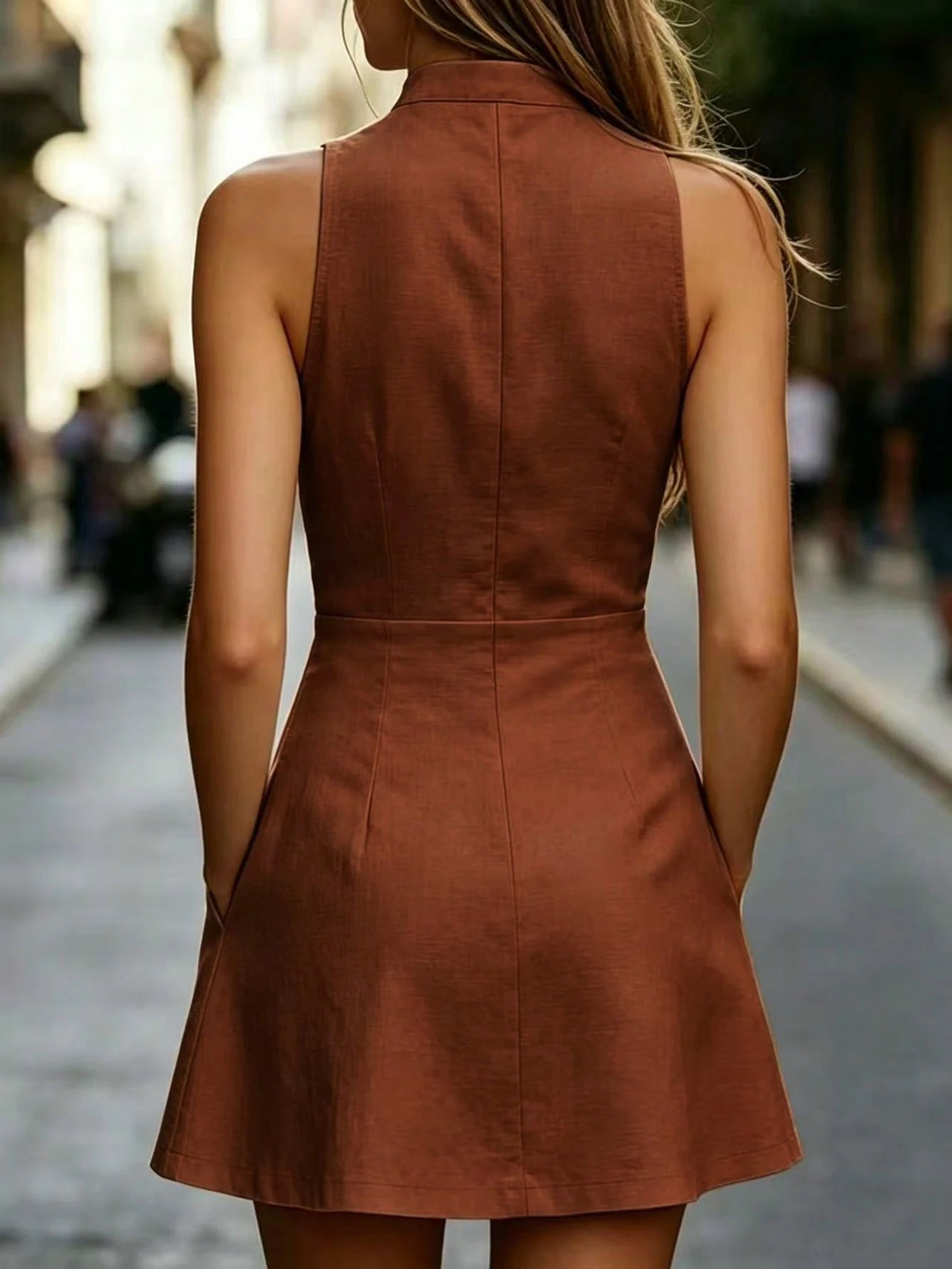 EMERY ROSE Women's Solid Color Cutout V-Neck Pocket Sleeveless Fashion Mini Dress