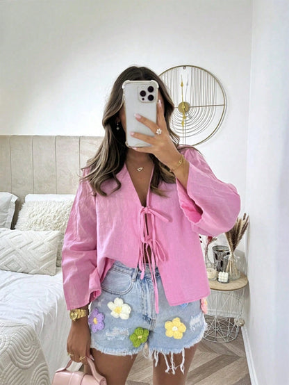 EMERY ROSE Women's Solid Color Front Tie Casual Summer Shirt