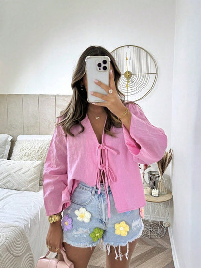 EMERY ROSE Women's Solid Color Front Tie Casual Summer Shirt
