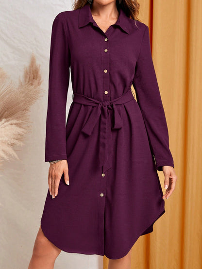 EMERY ROSE Women's Solid Color Long Sleeve Single-Breasted Casual Shirt Dress, Autumn