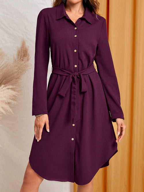 EMERY ROSE Women's Solid Color Long Sleeve Single-Breasted Casual Shirt Dress, Autumn