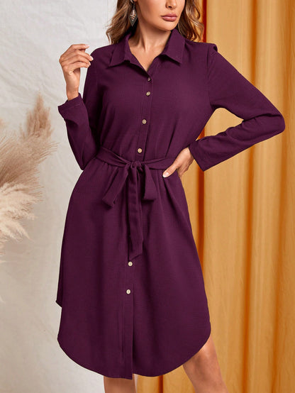EMERY ROSE Women's Solid Color Long Sleeve Single-Breasted Casual Shirt Dress, Autumn