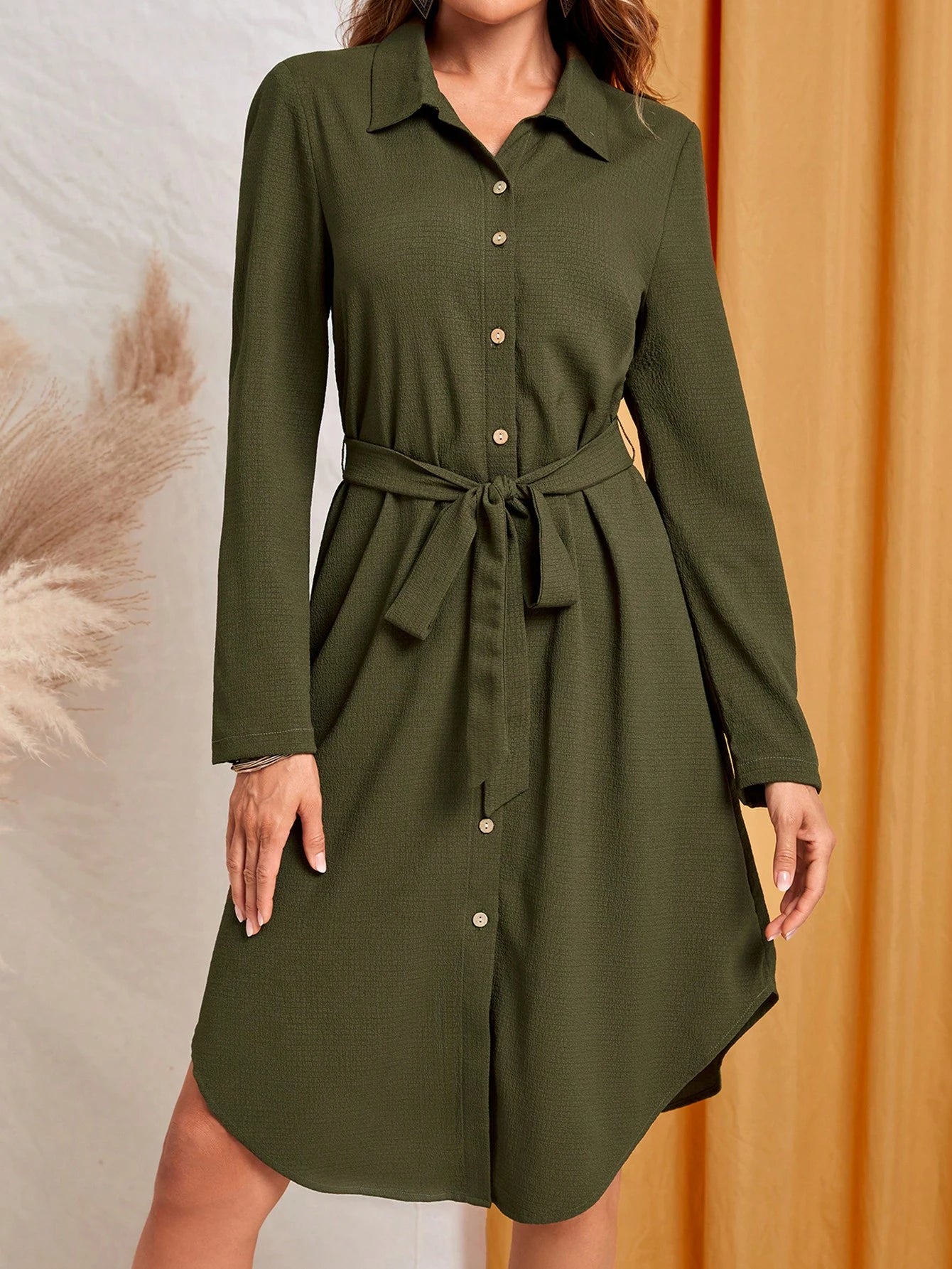EMERY ROSE Women's Solid Color Long Sleeve Single-Breasted Casual Shirt Dress, Autumn