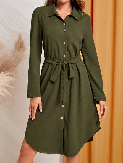 EMERY ROSE Women's Solid Color Long Sleeve Single-Breasted Casual Shirt Dress, Autumn
