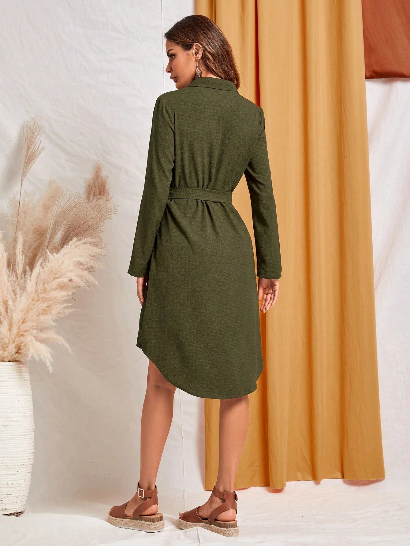 EMERY ROSE Women's Solid Color Long Sleeve Single-Breasted Casual Shirt Dress, Autumn