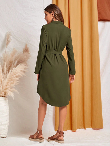 EMERY ROSE Women's Solid Color Long Sleeve Single-Breasted Casual Shirt Dress, Autumn