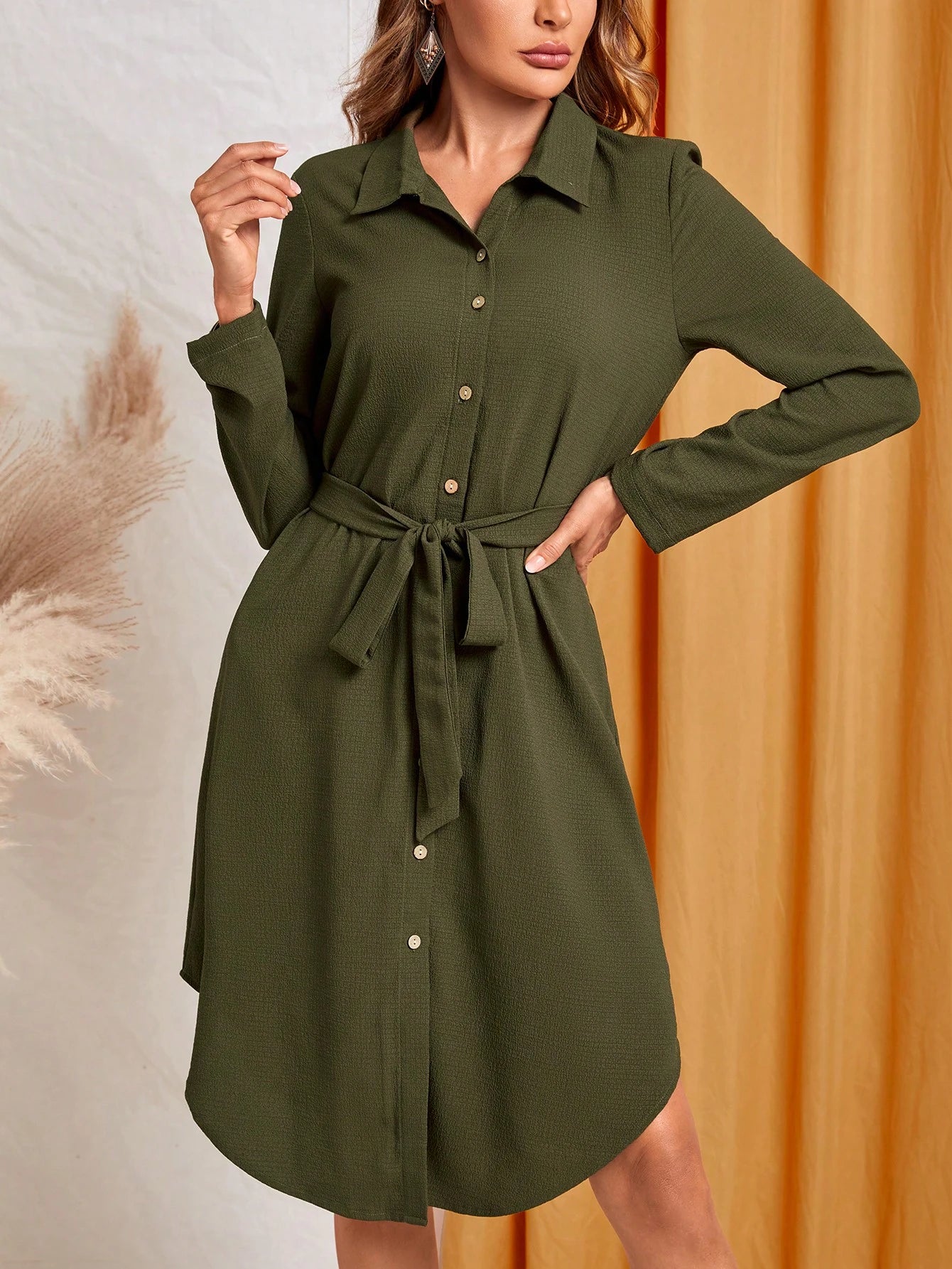EMERY ROSE Women's Solid Color Long Sleeve Single-Breasted Casual Shirt Dress, Autumn