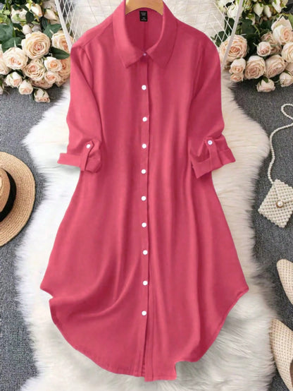 EMERY ROSE Women's Solid Color Roll-Up Sleeve Single-Breasted Casual Shirt Dress