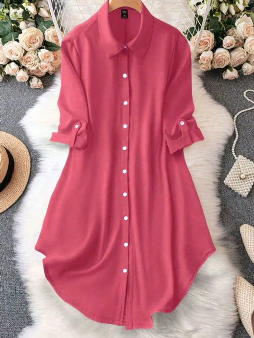 EMERY ROSE Women's Solid Color Roll-Up Sleeve Single-Breasted Casual Shirt Dress