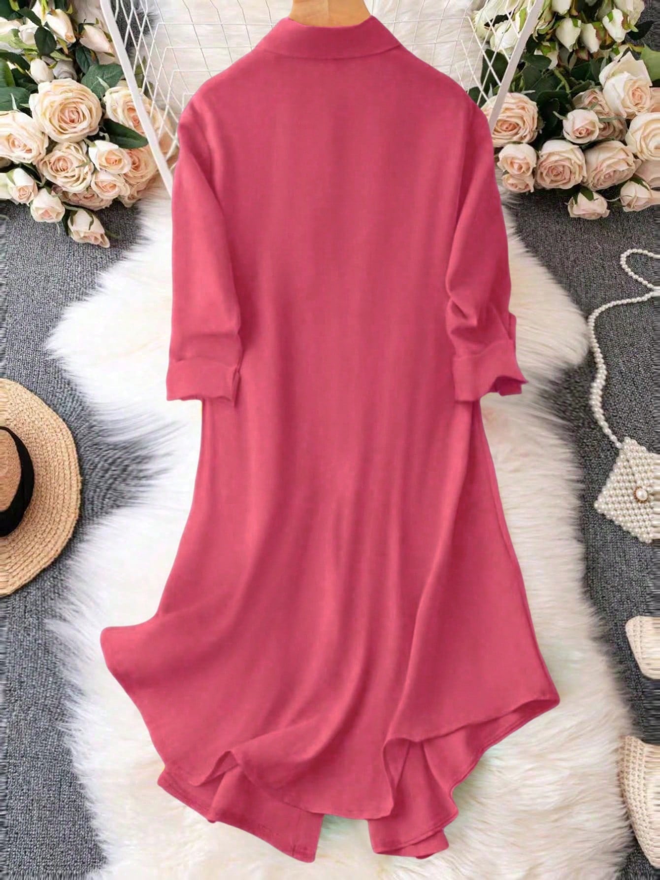 EMERY ROSE Women's Solid Color Roll-Up Sleeve Single-Breasted Casual Shirt Dress