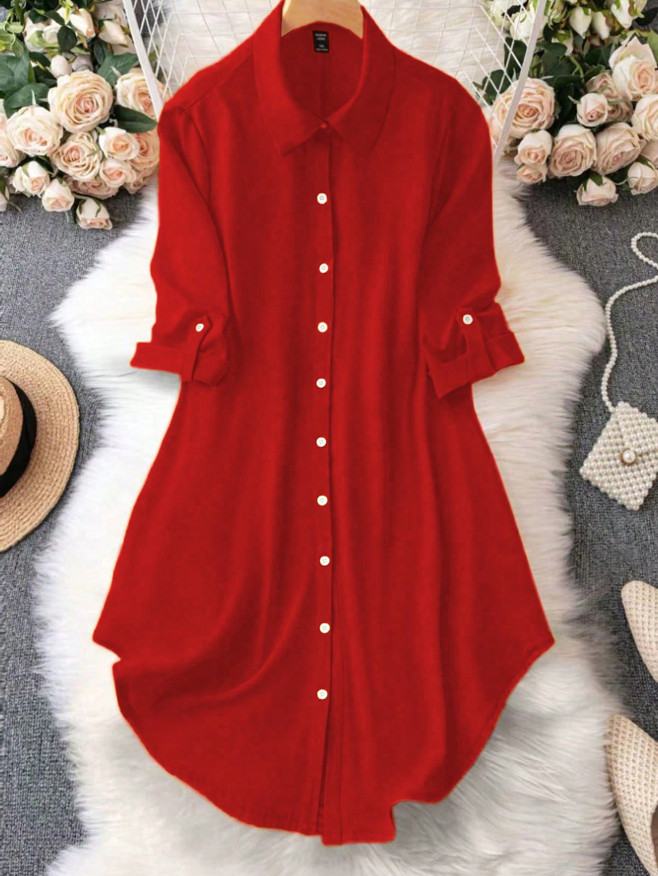 EMERY ROSE Women's Solid Color Roll-Up Sleeve Single-Breasted Casual Shirt Dress