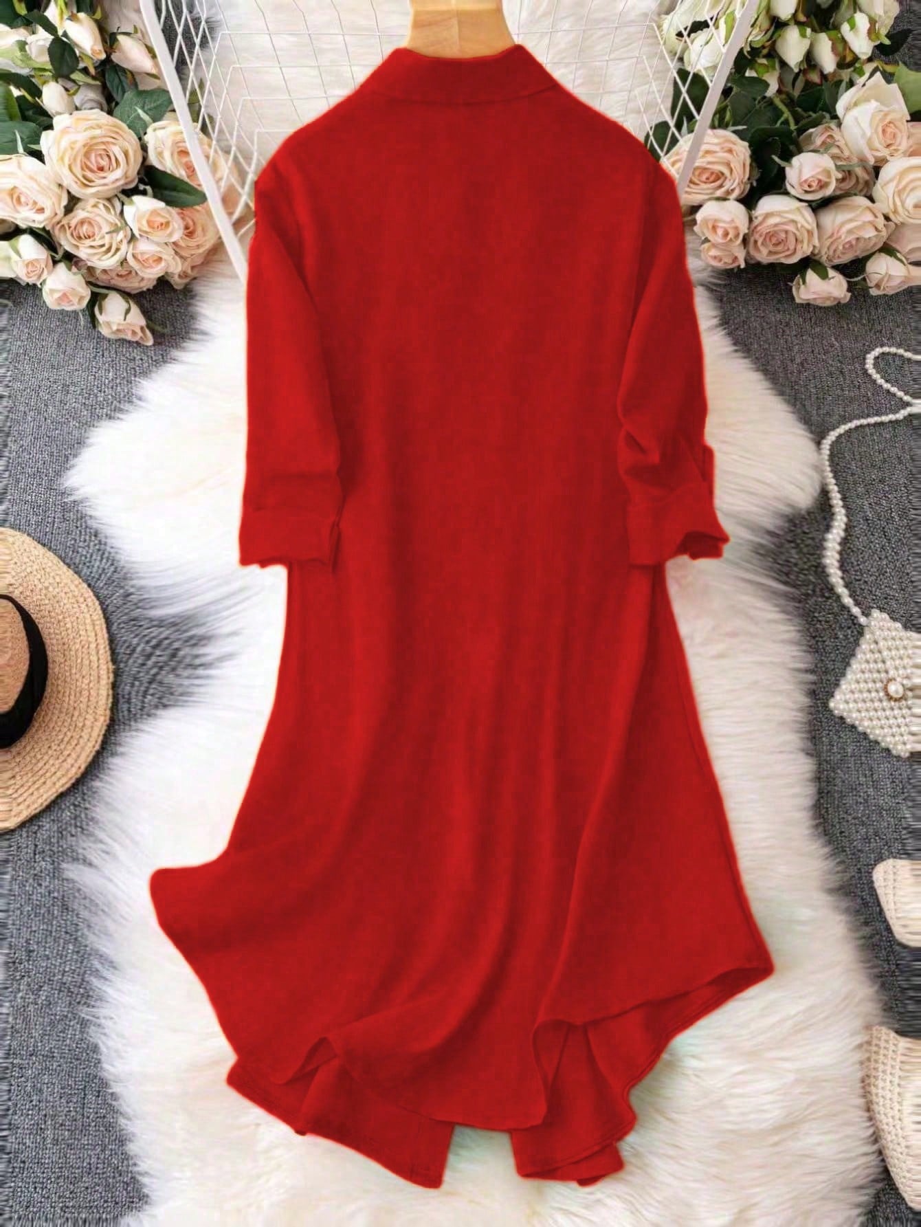 EMERY ROSE Women's Solid Color Roll-Up Sleeve Single-Breasted Casual Shirt Dress