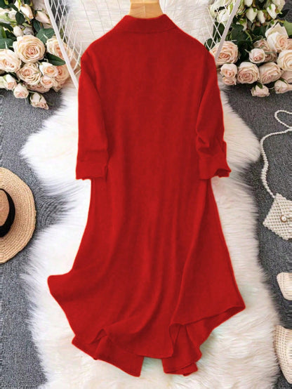 EMERY ROSE Women's Solid Color Roll-Up Sleeve Single-Breasted Casual Shirt Dress