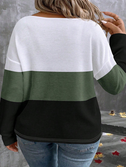 EMERY ROSE Women's V-Neck Layered Collar Color Block Long Sleeve Plus Size T-Shirt, Casual Business Wear For Autumn/Winter Fall