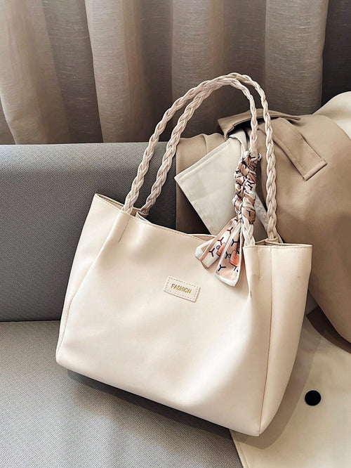 EMERY ROSE Women's Versatile Solid Color Handbag, Malist PU Leather Large Capacity Shoulder Bag With Scarf Decor, Lightweight & Spacious Tote Bag For Daily Office, Fashion Waterproof Durable Square To