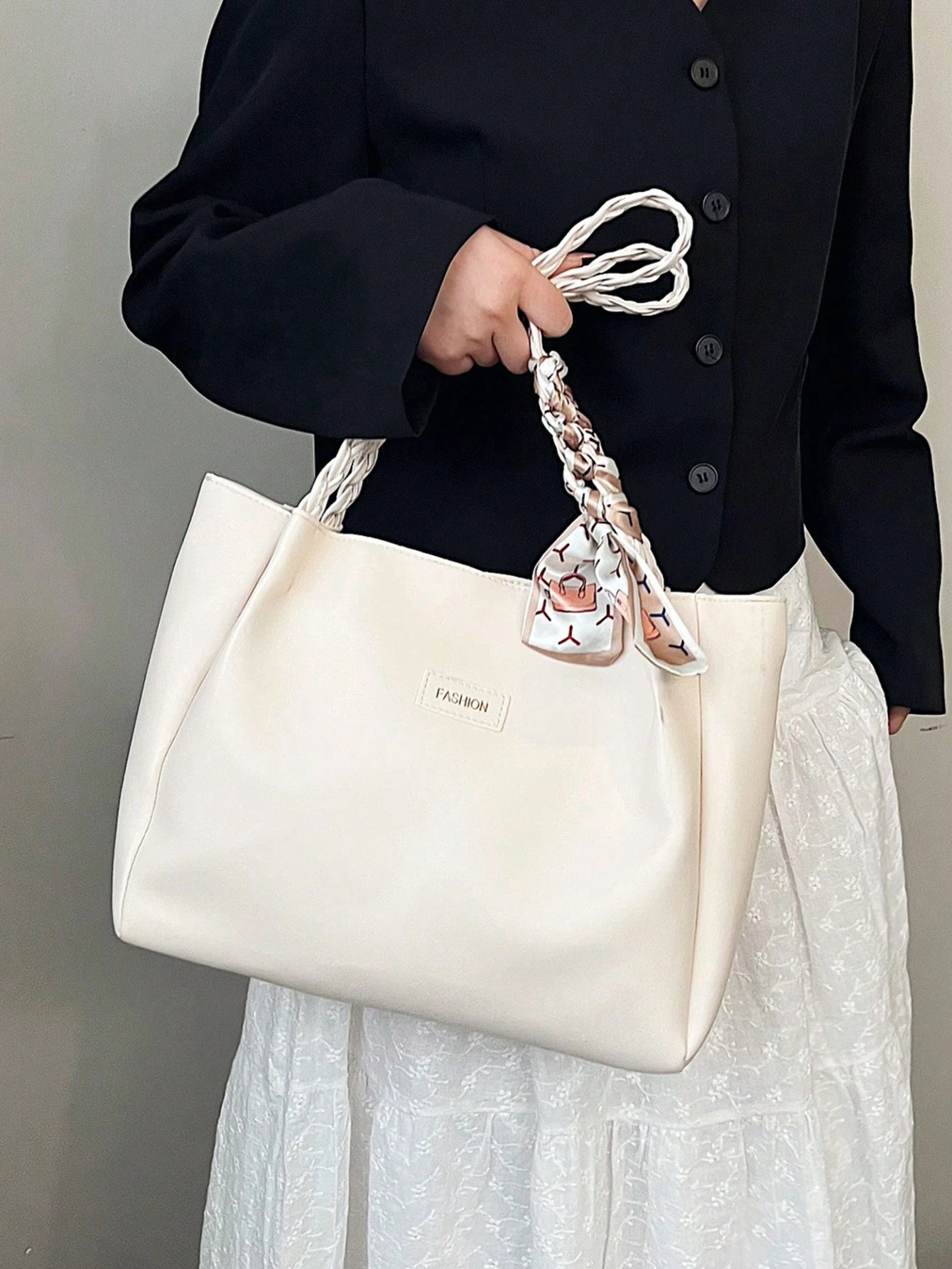 EMERY ROSE Women's Versatile Solid Color Handbag, Malist PU Leather Large Capacity Shoulder Bag With Scarf Decor, Lightweight & Spacious Tote Bag For Daily Office, Fashion Waterproof Durable Square To