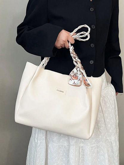 EMERY ROSE Women's Versatile Solid Color Handbag, Malist PU Leather Large Capacity Shoulder Bag With Scarf Decor, Lightweight & Spacious Tote Bag For Daily Office, Fashion Waterproof Durable Square To