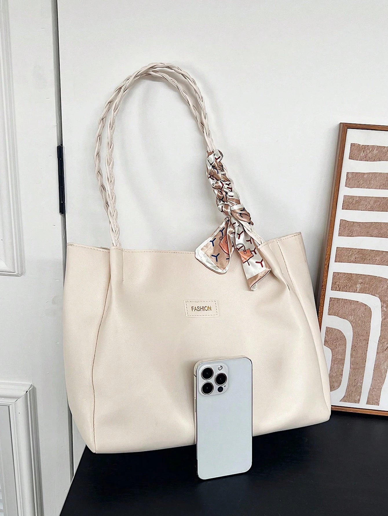 EMERY ROSE Women's Versatile Solid Color Handbag, Malist PU Leather Large Capacity Shoulder Bag With Scarf Decor, Lightweight & Spacious Tote Bag For Daily Office, Fashion Waterproof Durable Square To