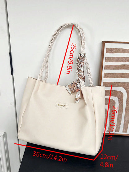 EMERY ROSE Women's Versatile Solid Color Handbag, Malist PU Leather Large Capacity Shoulder Bag With Scarf Decor, Lightweight & Spacious Tote Bag For Daily Office, Fashion Waterproof Durable Square To