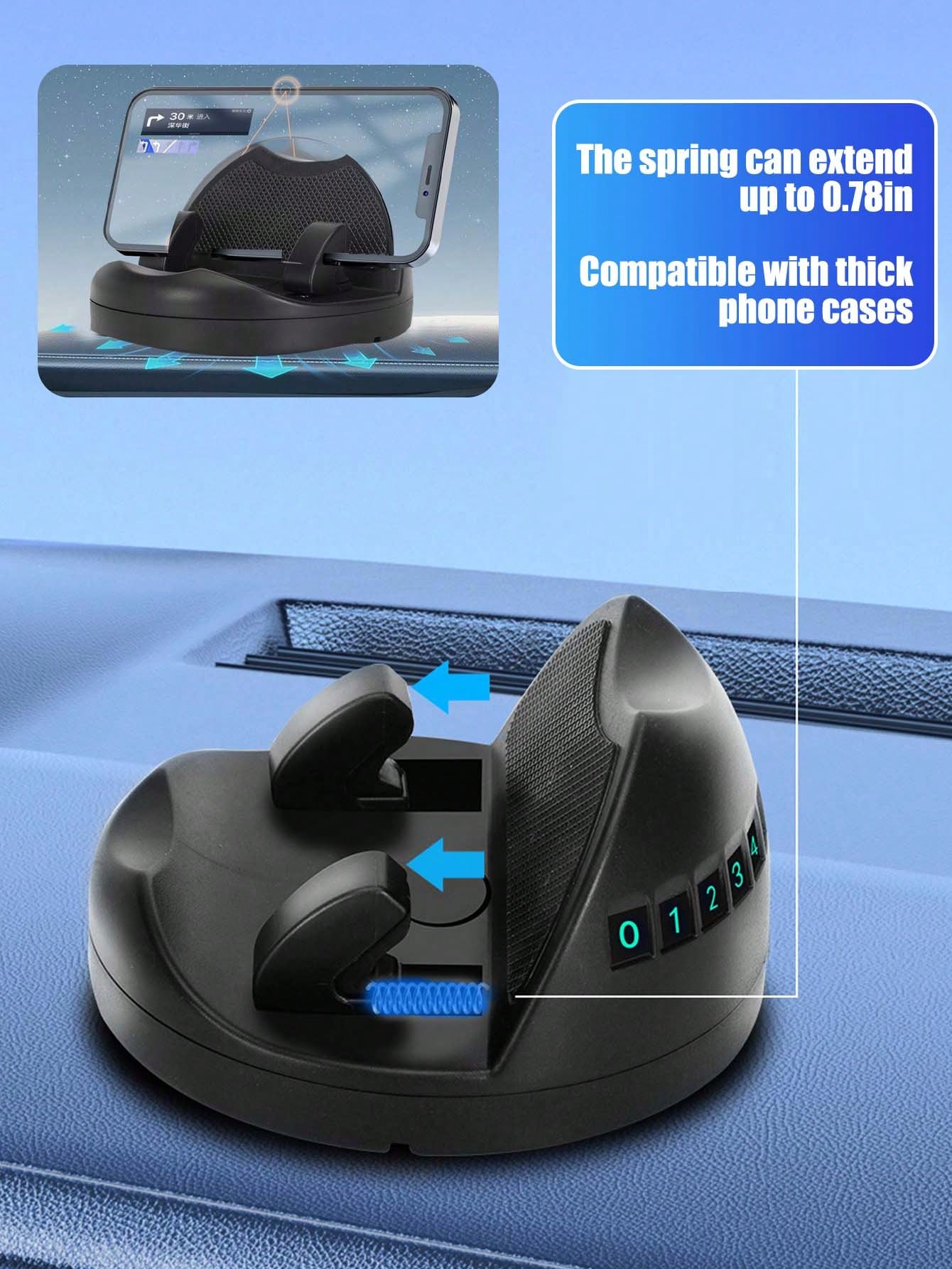 English: 2-In-1 Car Phone Holder With Parking Number, 360° Rotatable Dashboard Adhesive Mount, Extendable Clip For Thick Cases, Universal Navigation Bracket, ABS Silicone Car Accessory